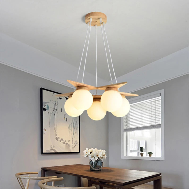 Nordic wood chandelier with white glass ball