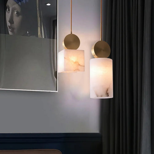 Small Spanish natural marble modern minimalist LED pendant light for dining room and restaurant - vue 6 sur 21