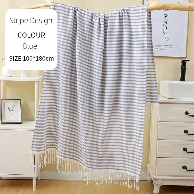 Extra large Turkish beach towel with stripes and fringes
