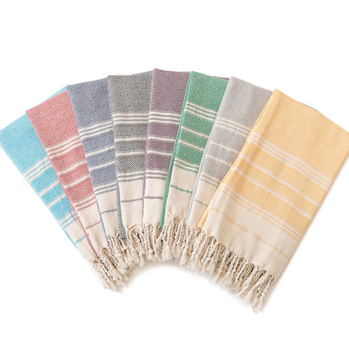 Turkish cotton jacquard beach towel with diamond pattern and tassels - vue 5 sur 6