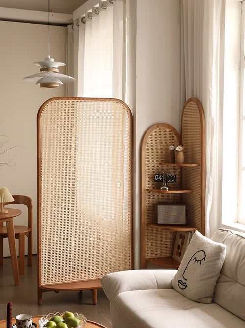 solid wood rattan screen, living room, retro entryway, shelf, partition, homestay, mobile seat screen - vue 3 sur 6