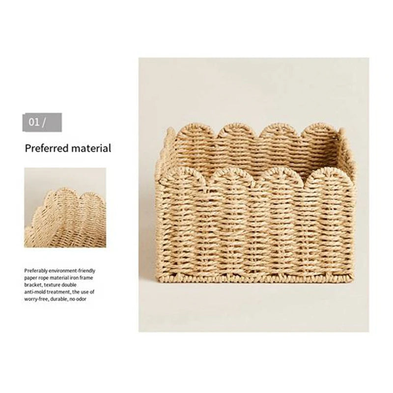 Scalloped Edge Basket, Wicker Storage Baskets,Handwoven Organizing Baskets For Shelves, Paper Rope Design