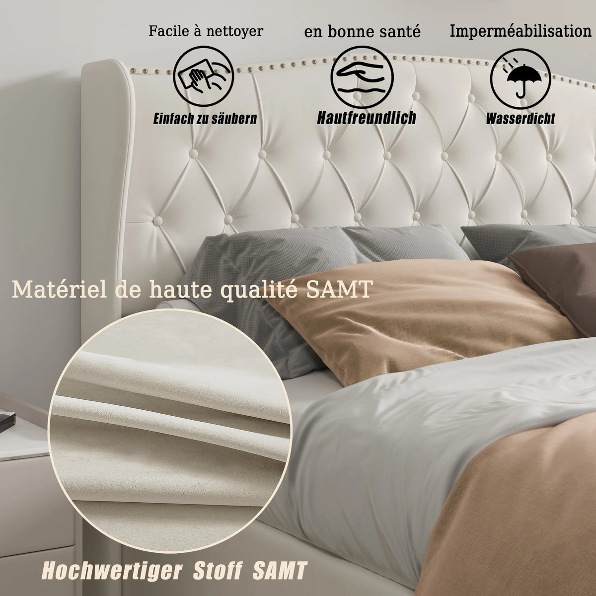 160 x 200 cm Modern Double Bed, Bed with Storage Space and Backrest, with Slatted Frame, Load-Bearing 250 kg, without Mattress - vue 5 sur 8