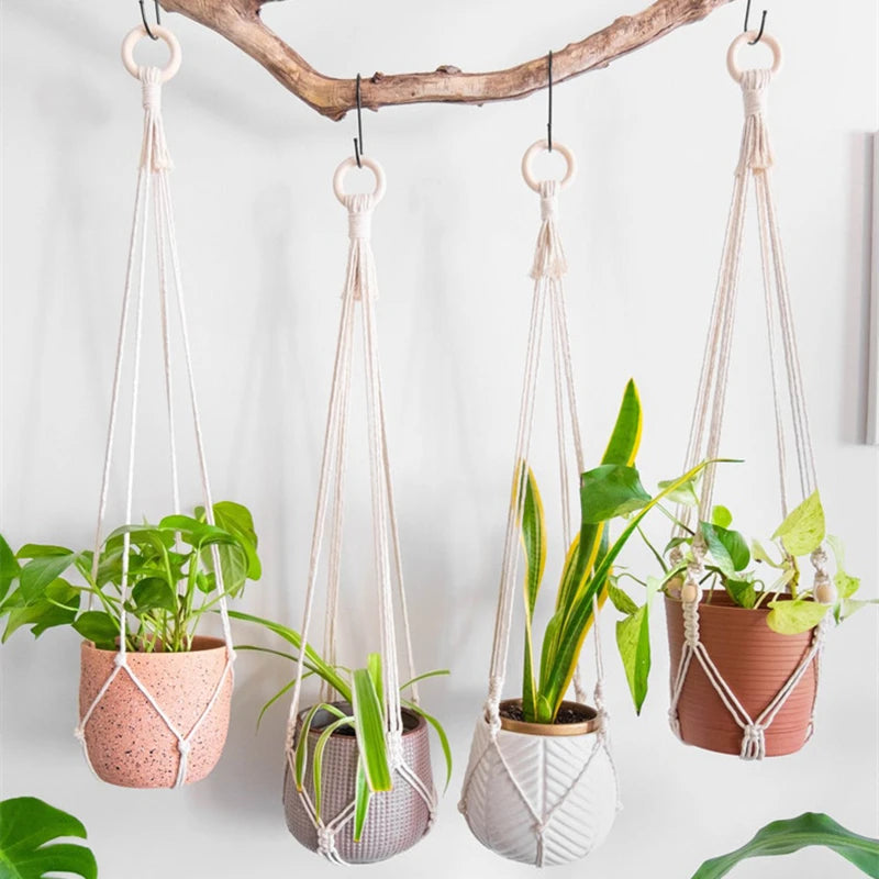 handmade macrame hanging plant holder made of natural cotton