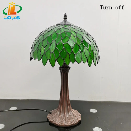Tiffany style table lamp with decorative green leaves - vue 7 sur 6