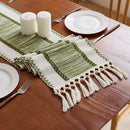 Boho striped beige table runner with woven tassels