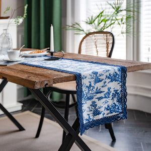 Blue and white striped lace country table runner