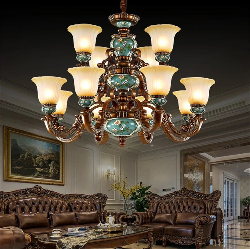 Vintage European glass and resin chandelier with sculpted flowers - vue 3 sur 18
