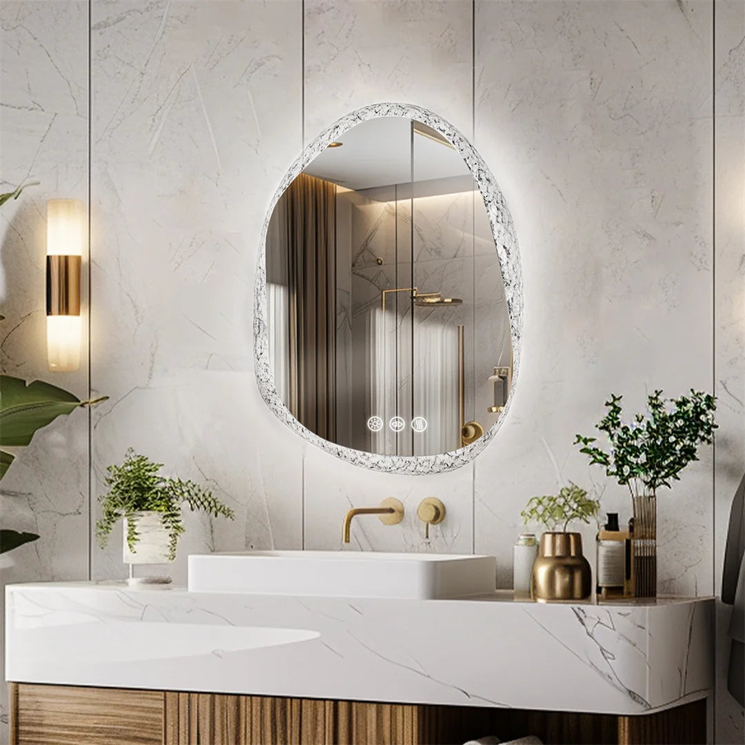 Frameless mirror with LED lighting and touch sensors