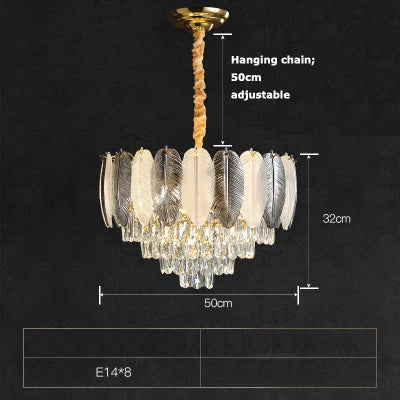 Art deco LED pendant chandelier with white and grey feathers - vue 14 sur 17