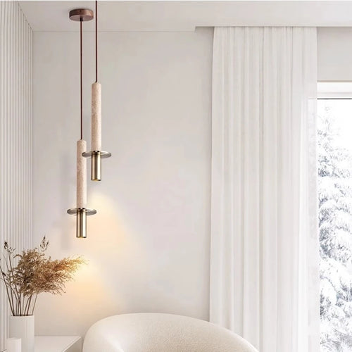Cylindrical marble and gold metal pendant light for modern interiors - vue 3 sur 7