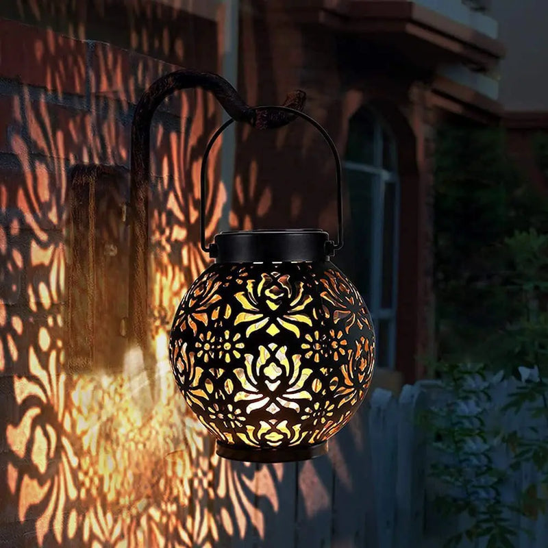 Wrought iron solar LED lantern for decorative garden