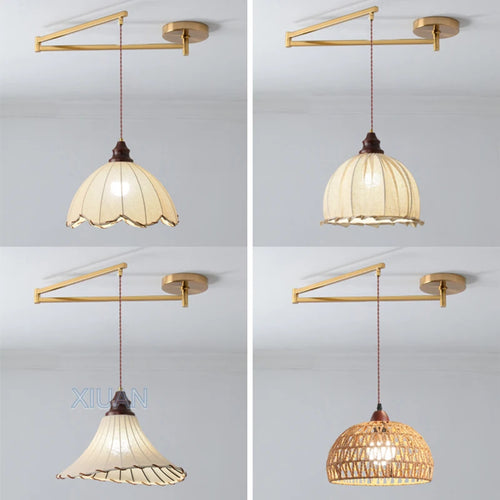 Wabi-sabi vintage chandelier with folding fabric shade - vue 6 sur 11