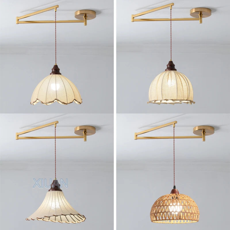 Wabi-sabi vintage chandelier with folding fabric shade - vue 5 sur 11