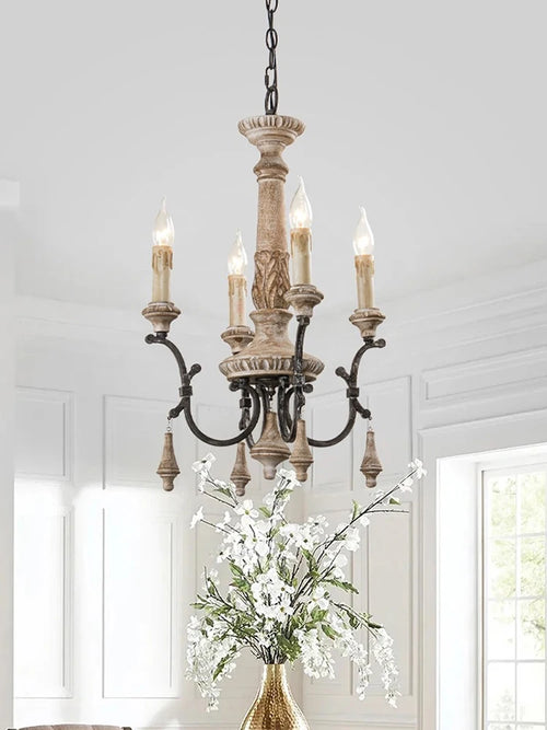 Vintage carved wood chandelier for elegant home lighting - vue 3 sur 8