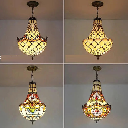 Mediterranean vintage Tiffany stained glass chandelier - vue 6 sur 14