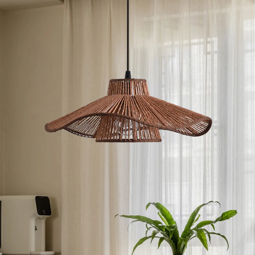 Vintage hemp rope pendant light with Japanese wabi-sabi shade - vue 5 sur 8