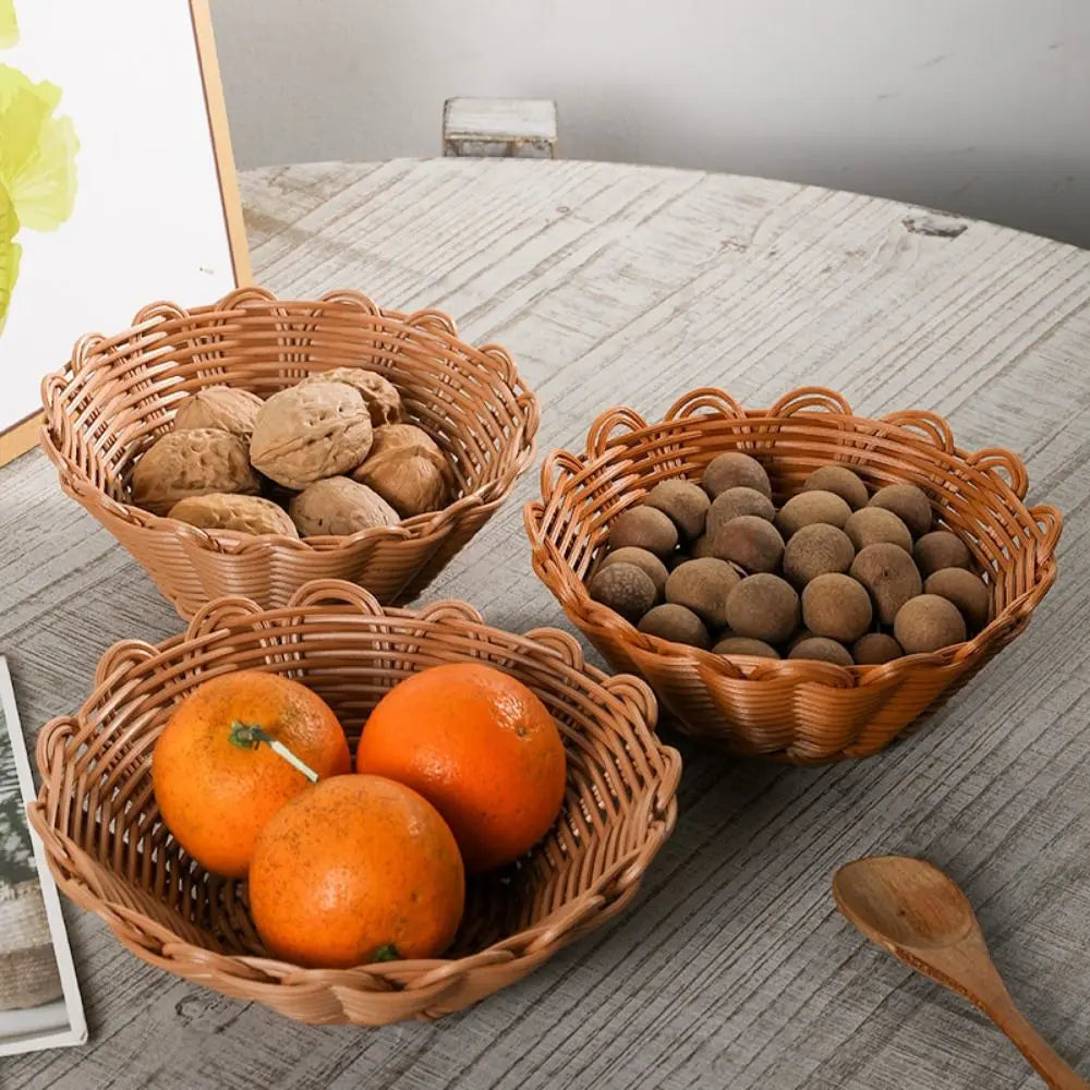 round wicker storage basket for bread, fruit and snacks