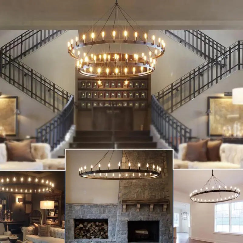 Round retro American style iron LED chandelier - vue 5 sur 13
