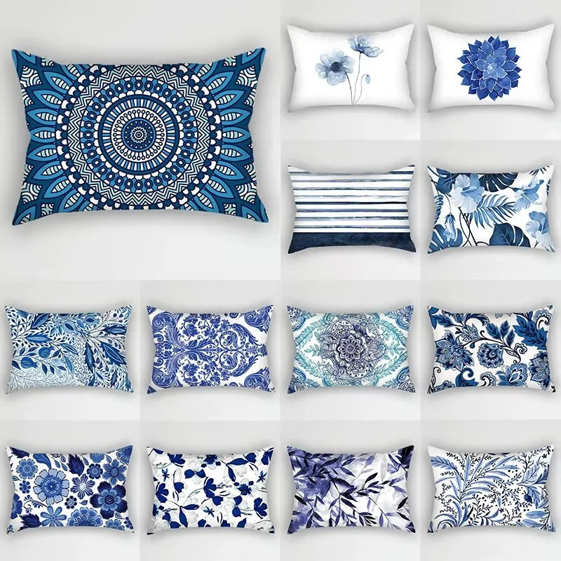 Rectangular pillowcase with blue floral striped pattern