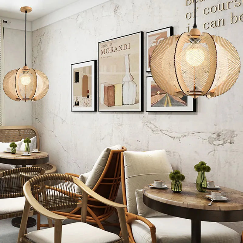 Fabric and wood pendant light for shop and hotel
