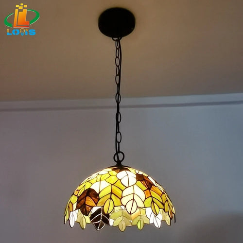 European style art glass maple leaf pendant light for restaurant - vue 3 sur 6