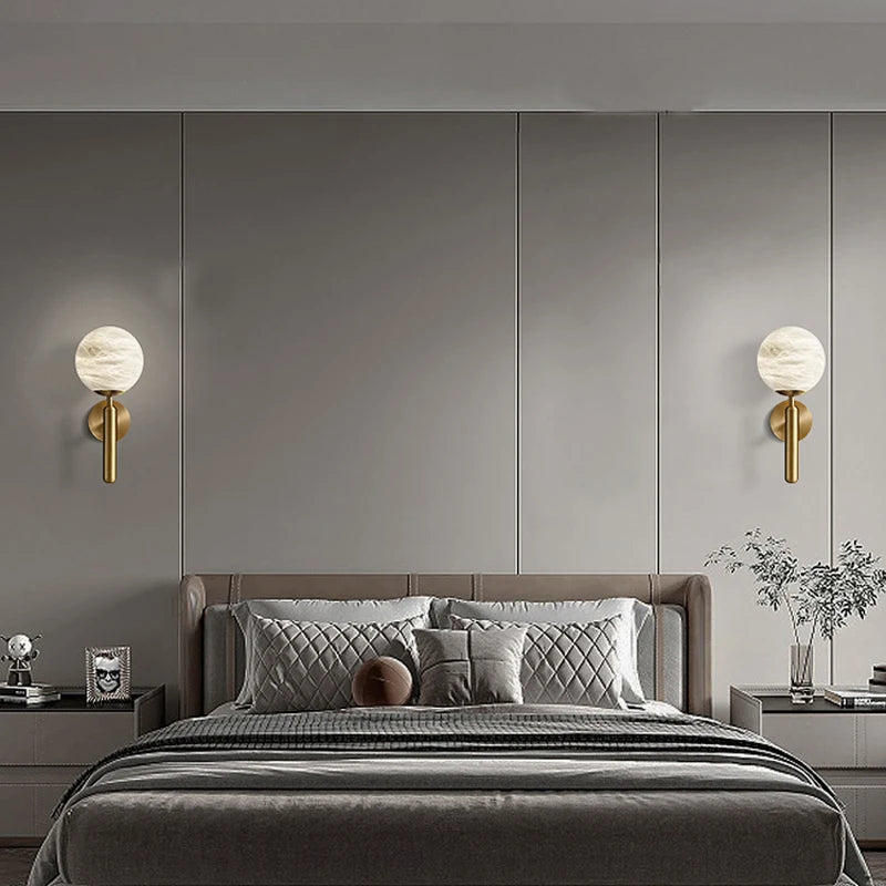 Creative LED brass and marble ball wall light in antique European style