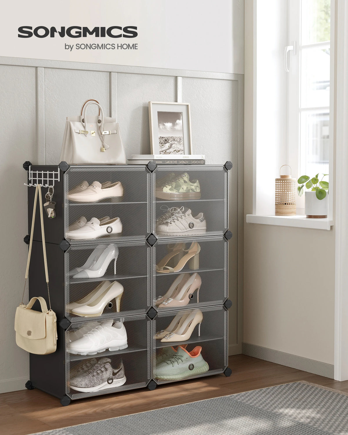 SONGMICS 6-Compartment Shoe Rack, Modular Storage Shelf, 30 x 40 x 30 cm Compartment, with Door