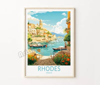 Retro travel poster santorini castle and island wall decor