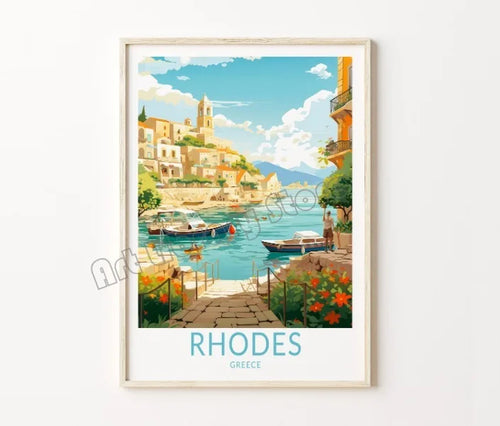 Retro travel poster santorini castle and island wall decor