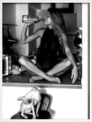 Art print women drinking wine and eating spaghetti wall decor