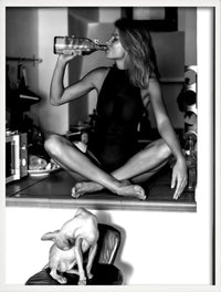Art print women drinking wine and eating spaghetti wall decor
