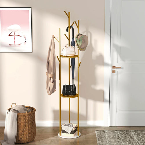 sturdy metal coat rack with integrated shelves and hooks