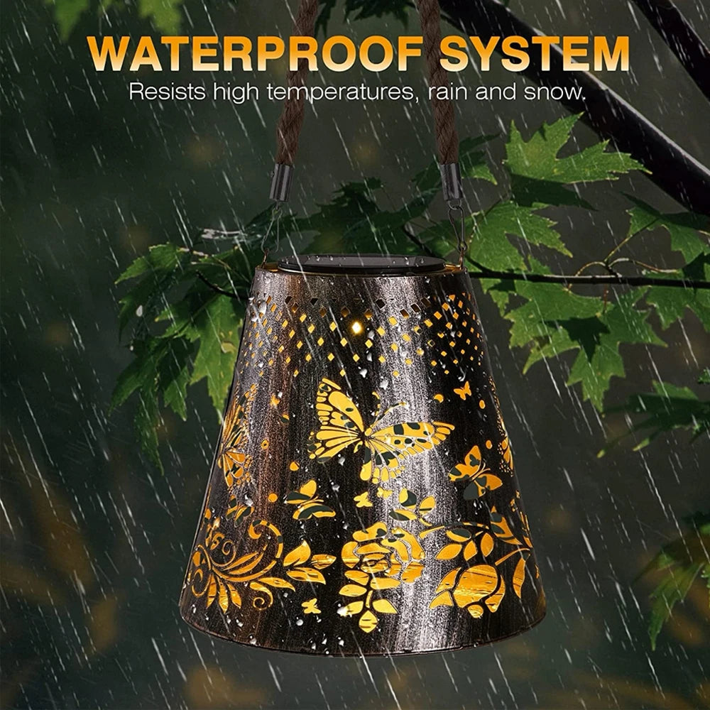 Solar hanging lantern with flower and butterfly projection for outdoor garden - vue 3 sur 7