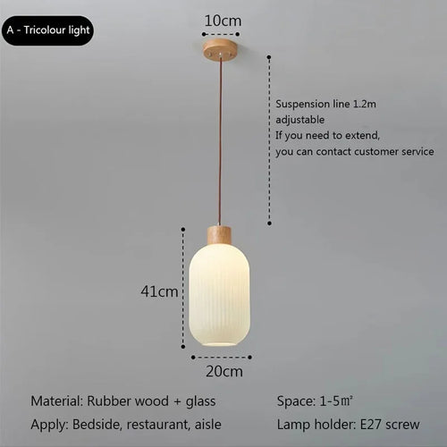 Nordic white striped glass pendant light with wood accent for dining, kitchen and bedside - vue 5 sur 9