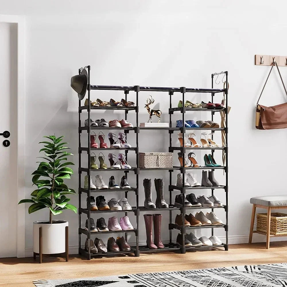 Double row metal shoe rack with hooks multipurpose