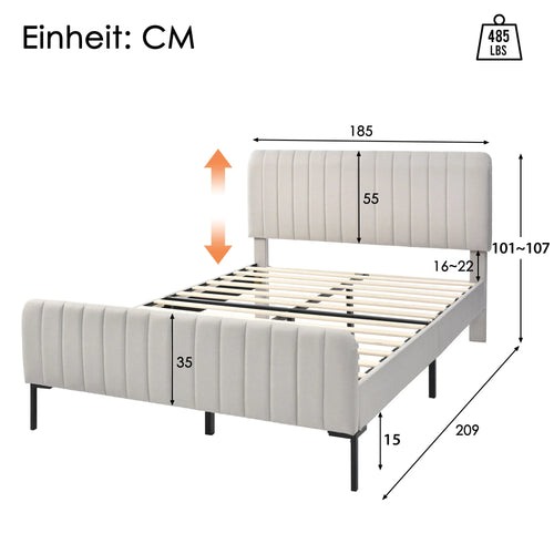 Headboard height is adjustable, 55cm high and thickened headboard Double bed with upholstered bed frame without mattress - vue 8 sur 8