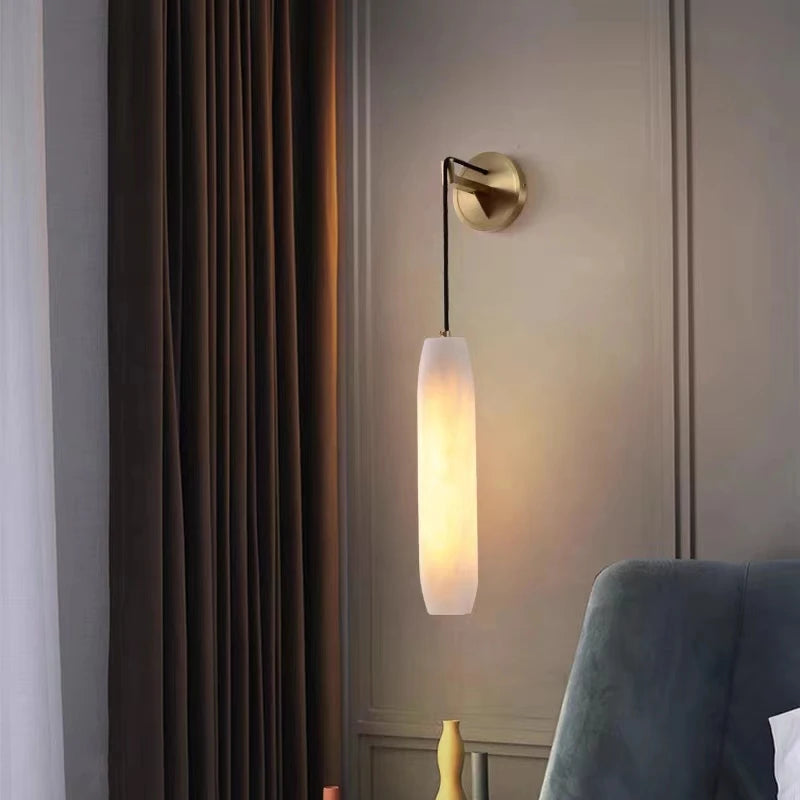 Natural marble cylindrical wall light with adjustable copper wire