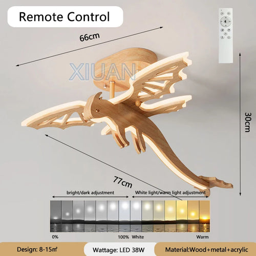Nordic natural wood dragon LED ceiling light for children