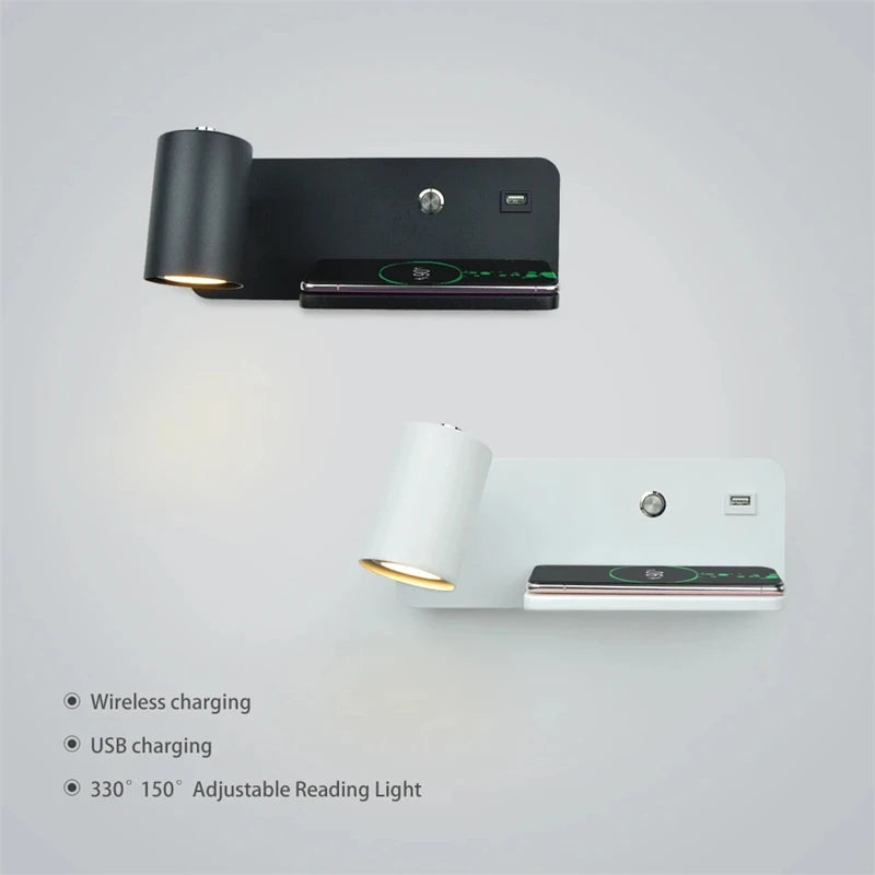 Modern LED wall light with USB and wireless charging