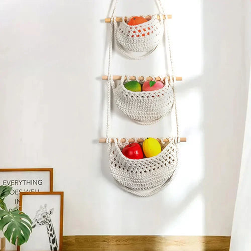 macrame hanging baskets set of three storage tiers - vue 7 sur 9