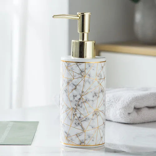 ceramic soap dispenser with gold pump for bathroom - vue 8 sur 17