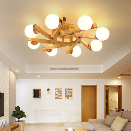 Nordic style wooden and milky glass ceiling light for interior decoration