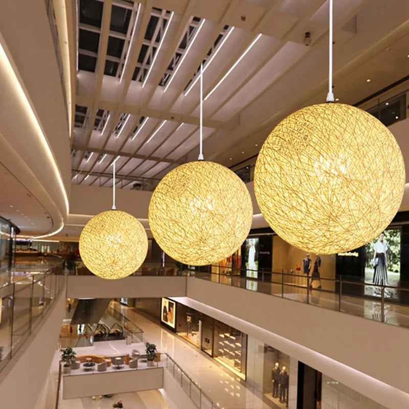 Rattan and hemp spherical nest pendant light, set of 2