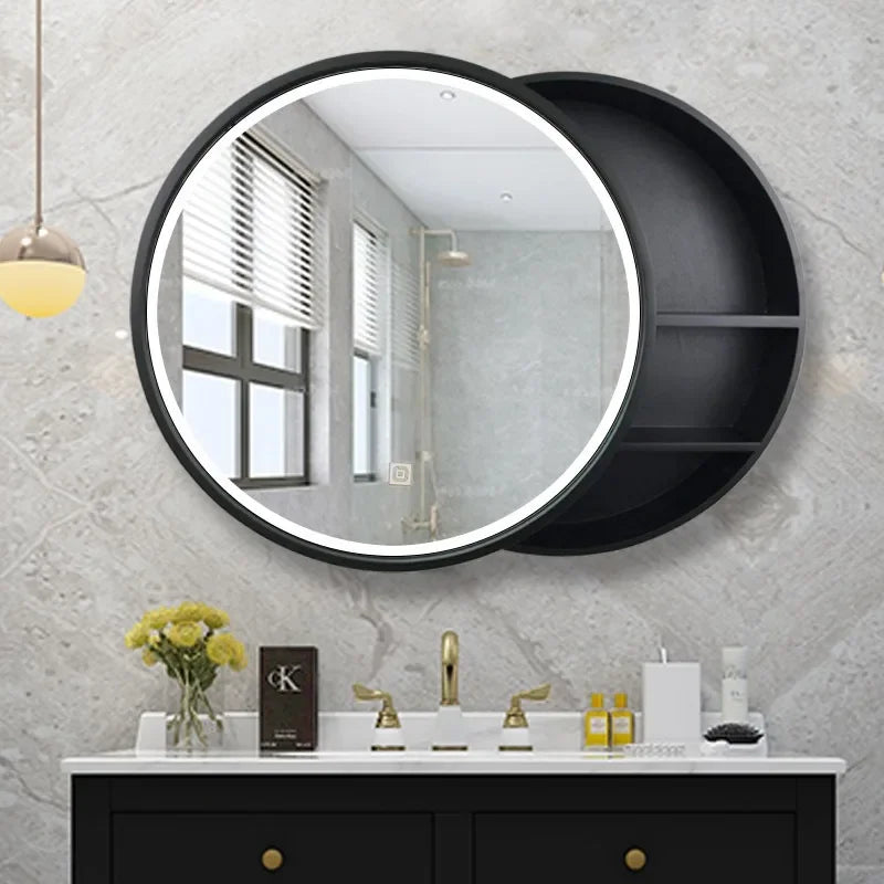 wall storage cabinet with round decorative mirror