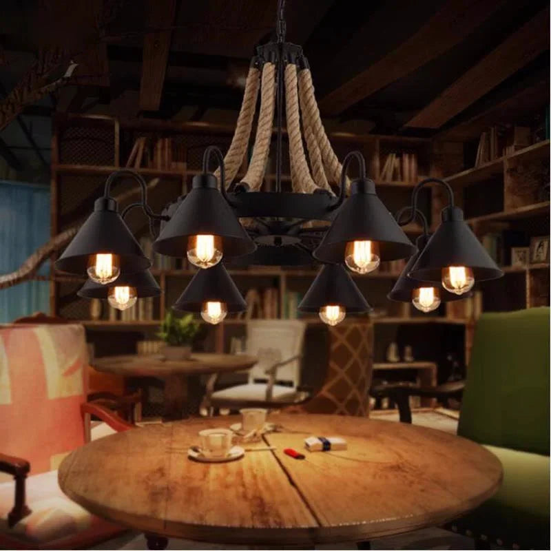 Vintage hemp rope and iron pendant light industrial style - vue 4 sur 12