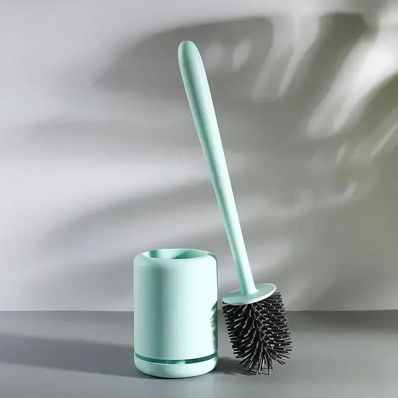 Hanging silicone toilet brush with long handle and quick-drying holder
