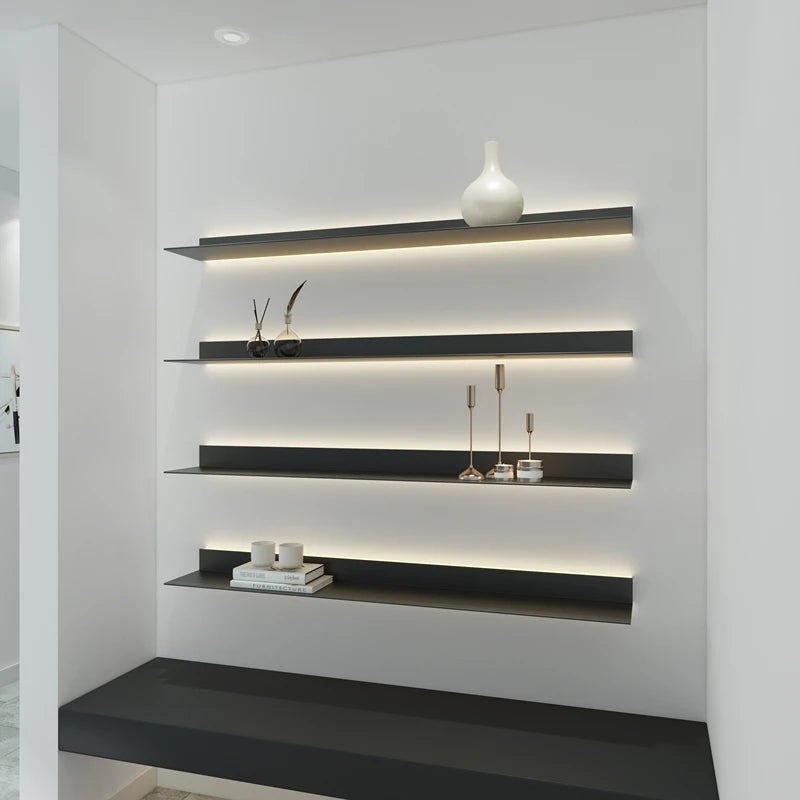 open and illuminated aluminum wall shelf
