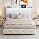 Upholstered Bed with LED Light, Charging Function, Air Pressure Metal Frame and Wooden Slatted Frame, PU, ​​Without Mattress