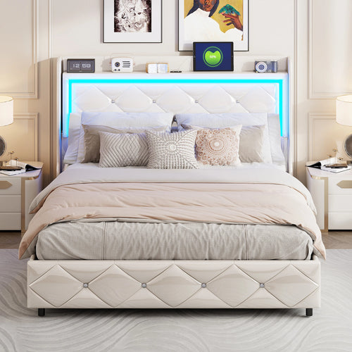 Upholstered Bed with LED Light, Charging Function, Air Pressure Metal Frame and Wooden Slatted Frame, PU, ​​Without Mattress - vue 6 sur 6